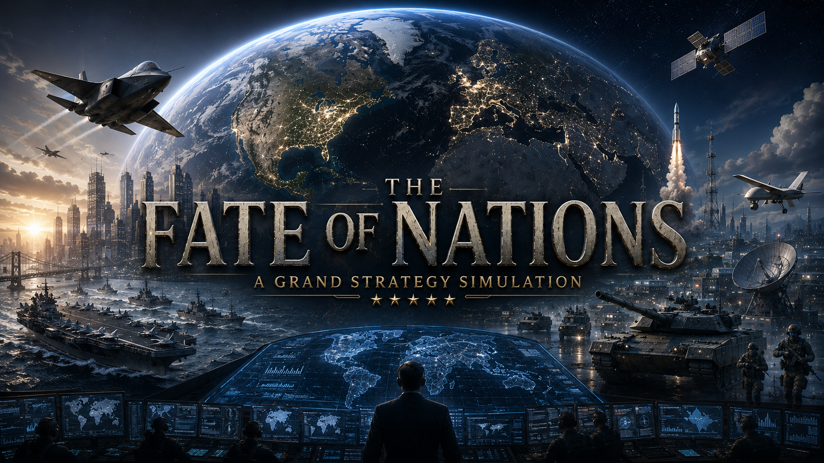 The Fate of Nations cover art showing Earth above a global command center and military forces
